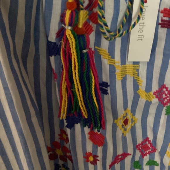 intro. Embroidered Floral, Blue and White Stripped Tunic Top w/ Colorful Tassels - Picture 3 of 7